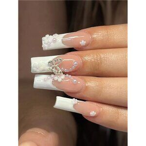 24pcs Pink Rectangular Press-On Nails, French Style With Faux Pearl, Camellia